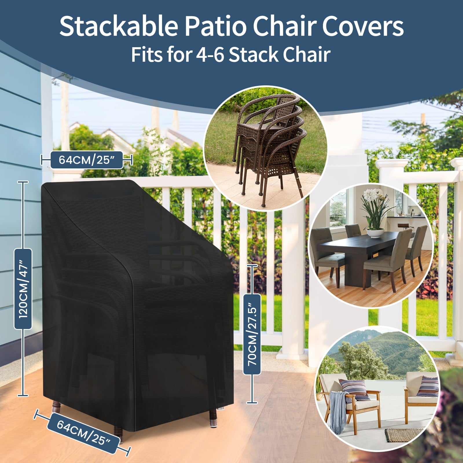 Patio Chair Cover 190T Outdoor Furniture Covers Waterproof 25*25*47 Patios Chairs Covers Fits for 4-6 Stackable Chairs, Black