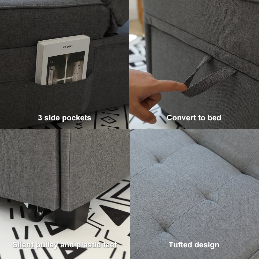Cynefin Sleeper chair - ottoman bed, chair beds sleeper, 4 in 1 convertible chairs into beds with Lumbar Pillow 3 Side Pockets Linen Fabric Tufted for Living Room Grey