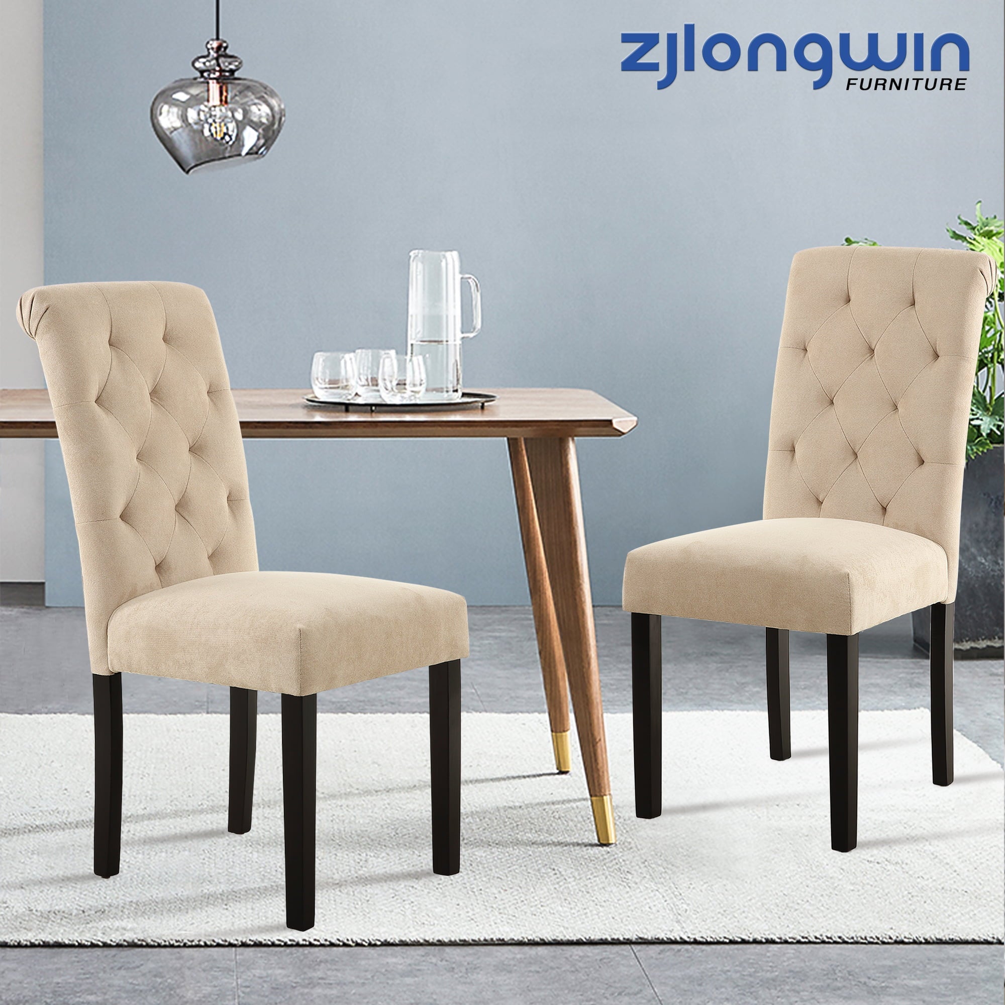 Parsons Fabric Upholstered Tufted Dining Chair, Beige, Set of 2