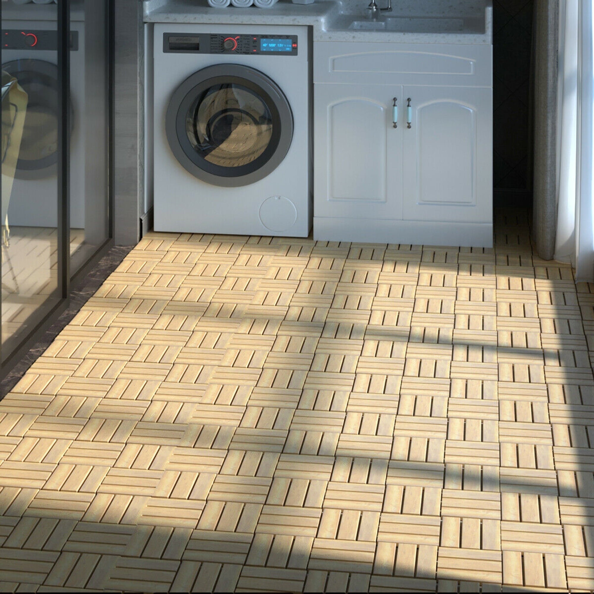 Gymax 10PCS 12'' x 12'' Acacia Wood Deck Tiles Interlocking Patio Pavers Check Pattern