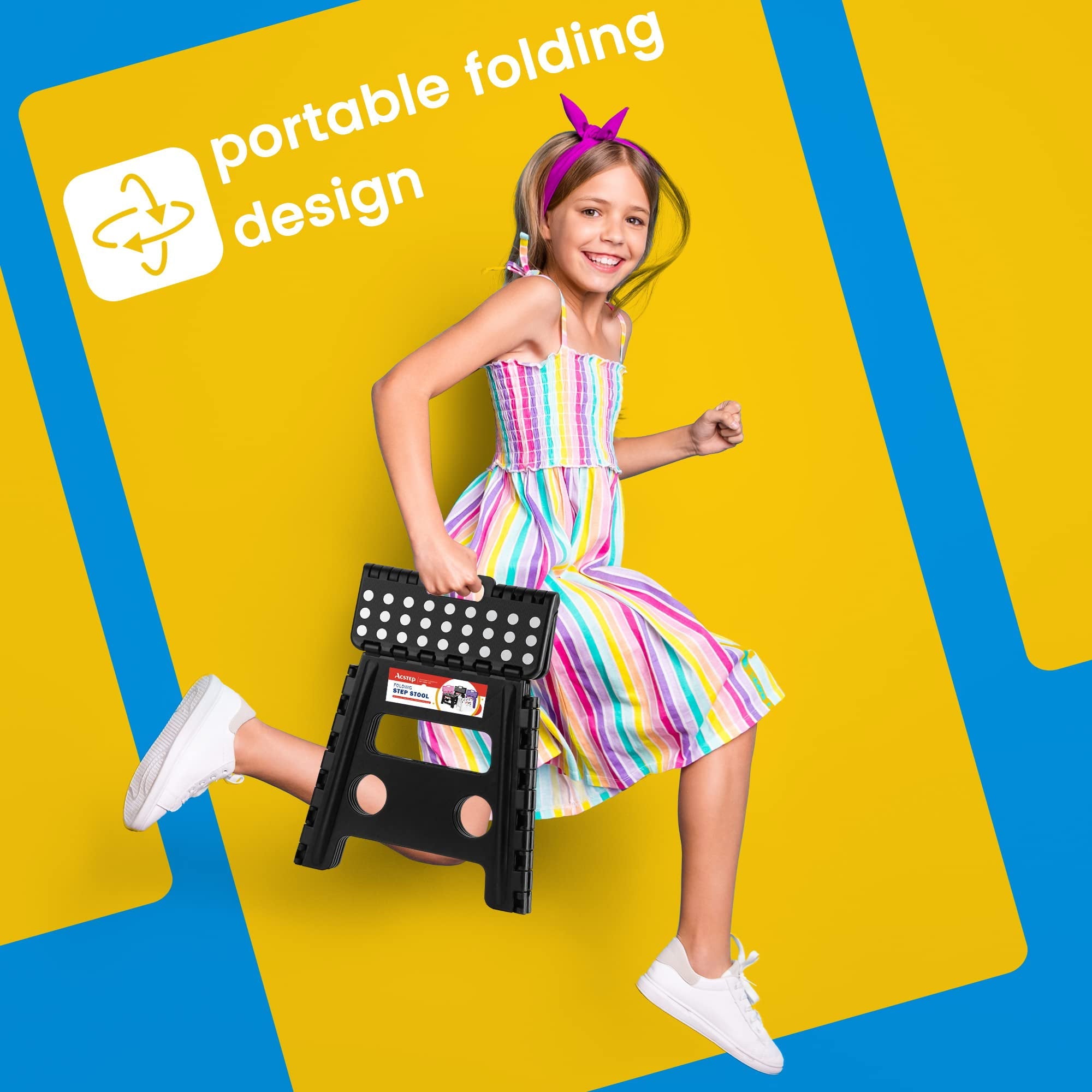 ACSTEP Folding Step Stool 13'' Tall Kids Step Stool Plastic Step Stools with Non-Slip Surface - Black