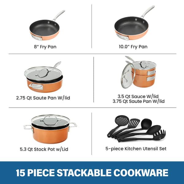 StackMaster 15-Piece Aluminum Ultra-Nonstick Cast Textured Ceramic Coating Cookware Set