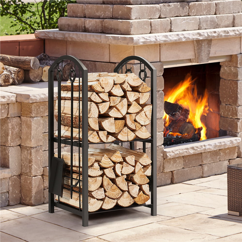 Easyfashion 2 Layer Metal Firewood Log Rack Hooks Set, Black