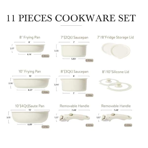 11-Pieces Cream White Granite Induction Non-Stick Cookware Set with Removable Handle