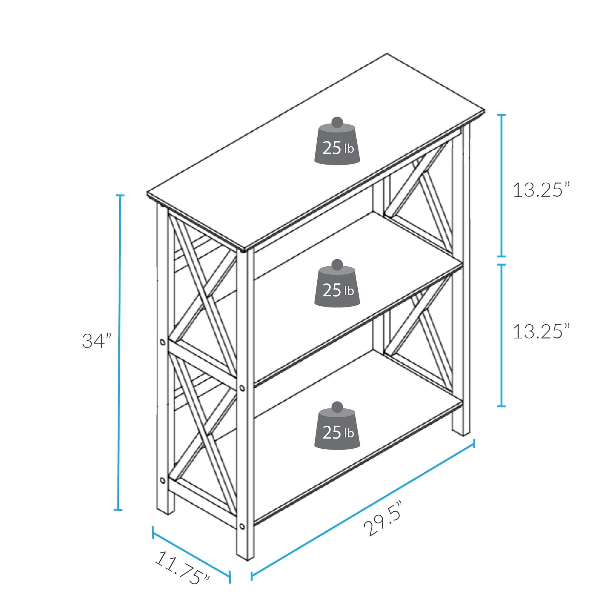 Casual Home Montego Lightweight 3 Tier Open Shelf X Design Wooden Bookcase Office Furniture , Wood (White)