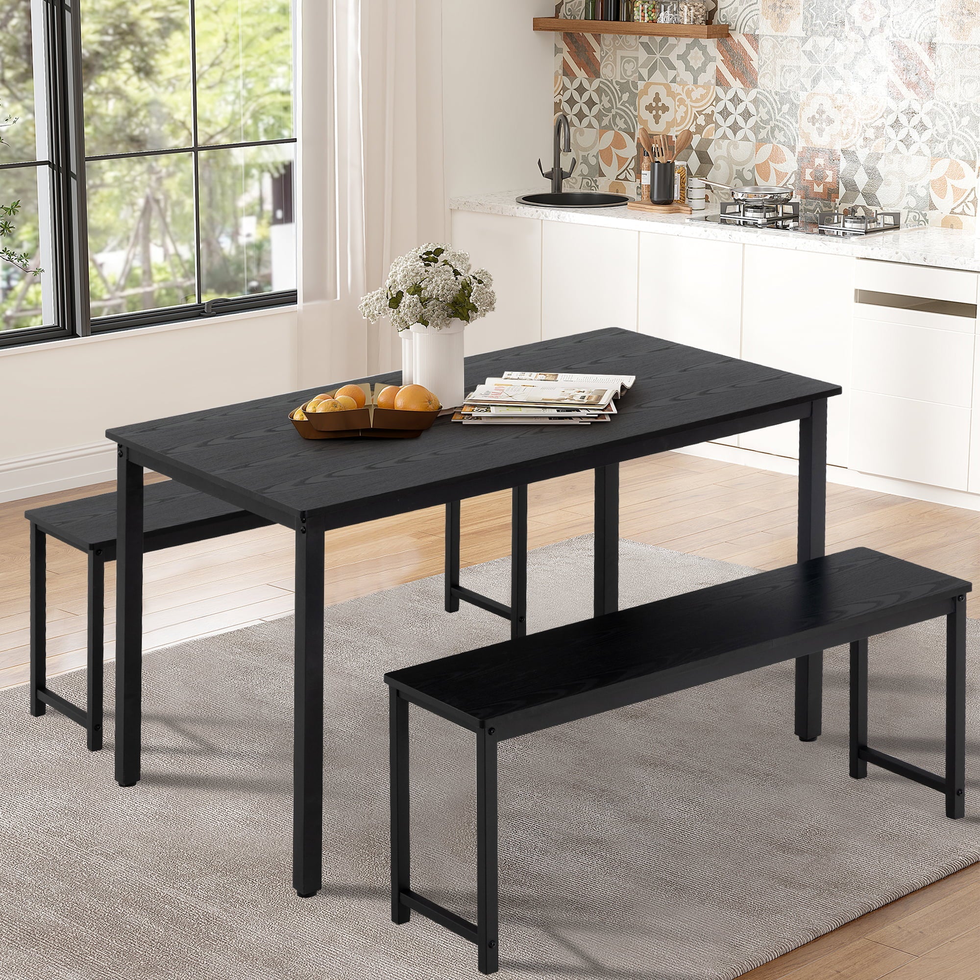 BTMWAY Dining Room Table Set for 4, 3 Piece Wooden Dining Table Set with Metal Frame, Industrial Style Dinette Set with 2 Benches, Dinner Table Set for Kitchen Breakfast Nook, Black