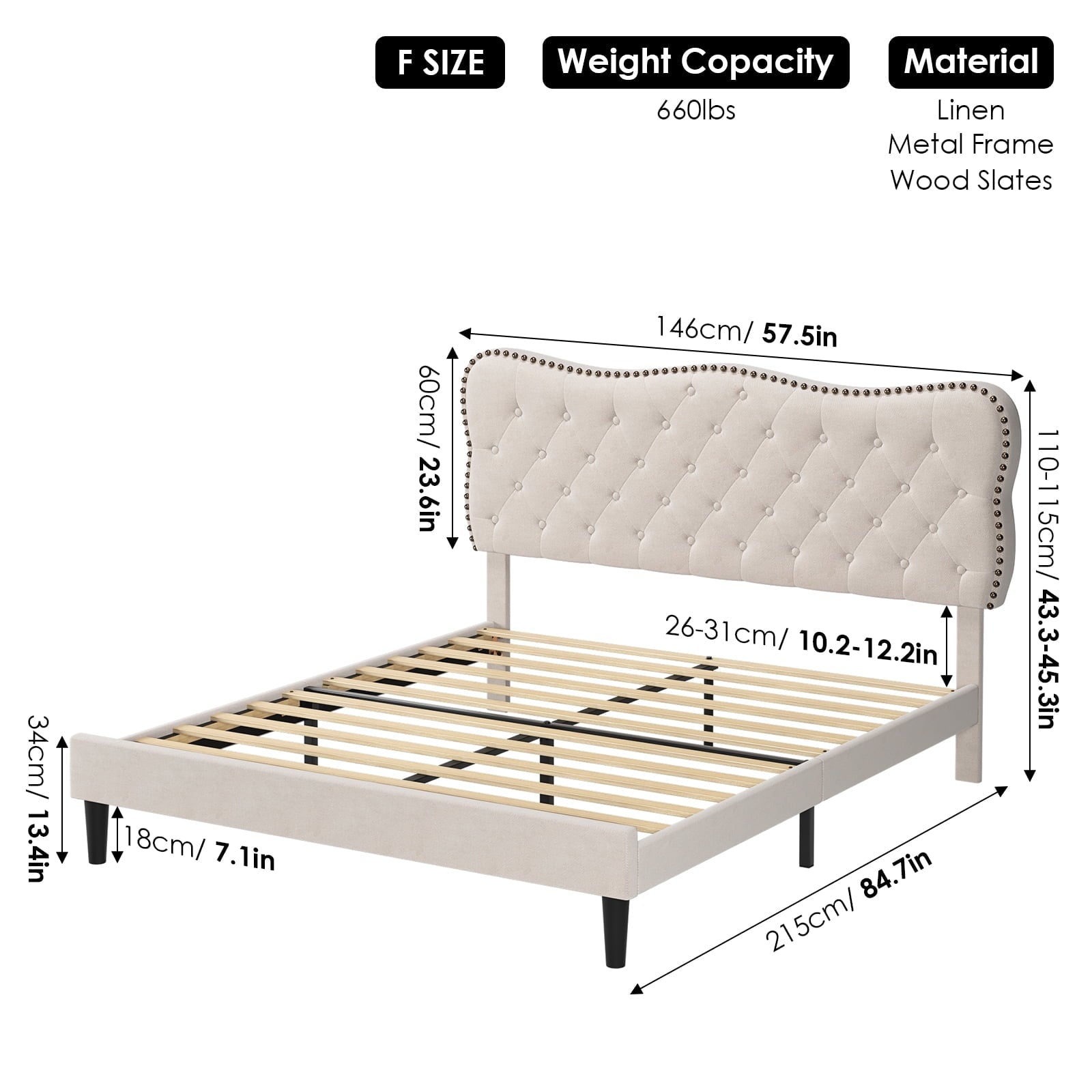 Homfa Full Size Bed Frame, Linen Upholstered Platform Bed with Button Tufted Adjustable Headboard for Bedroom, Beige
