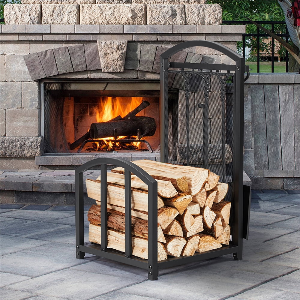 Topeakmart Firewood Rack Firewood Log Holder Rack Fireplace Tool Rack with 4 Tools, Black