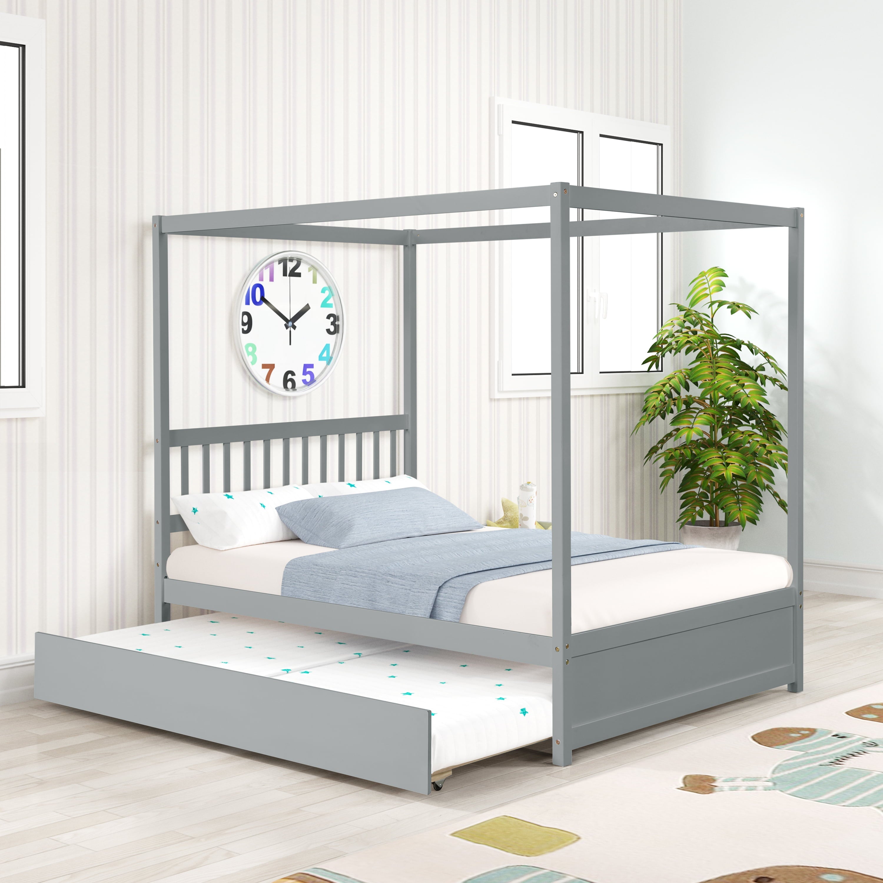 BTMWAY Canopy Bed Full, Solid Pine Wood Full Size Canopy Bed Frame with Trundle and Headboard, No Box Spring Needed, Modern Bedroom Canopy Bed with Trundle Included, Easy Assembly, Gray
