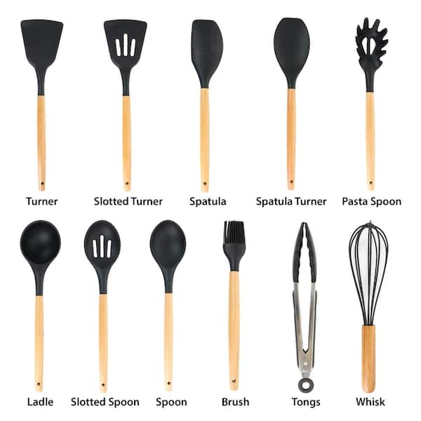 Black Silicone and Wood Cooking Utensils (Set of 12)