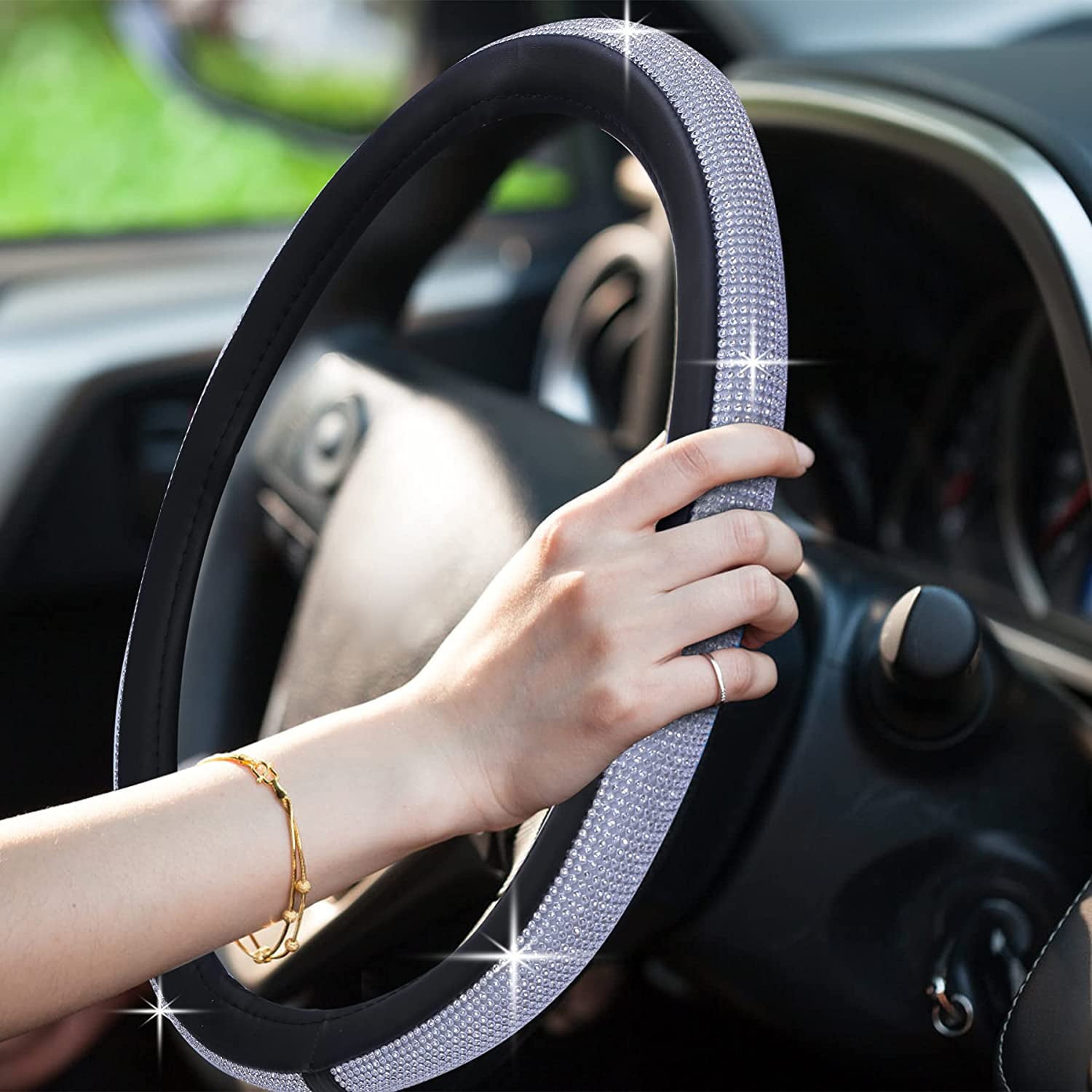 Diamond Leather Steering Wheel Cover, Steering Wheel Cover Sparkling Crystal Rhinestones, Bling Car Accessories for Women, Universal Fit 15 Inch