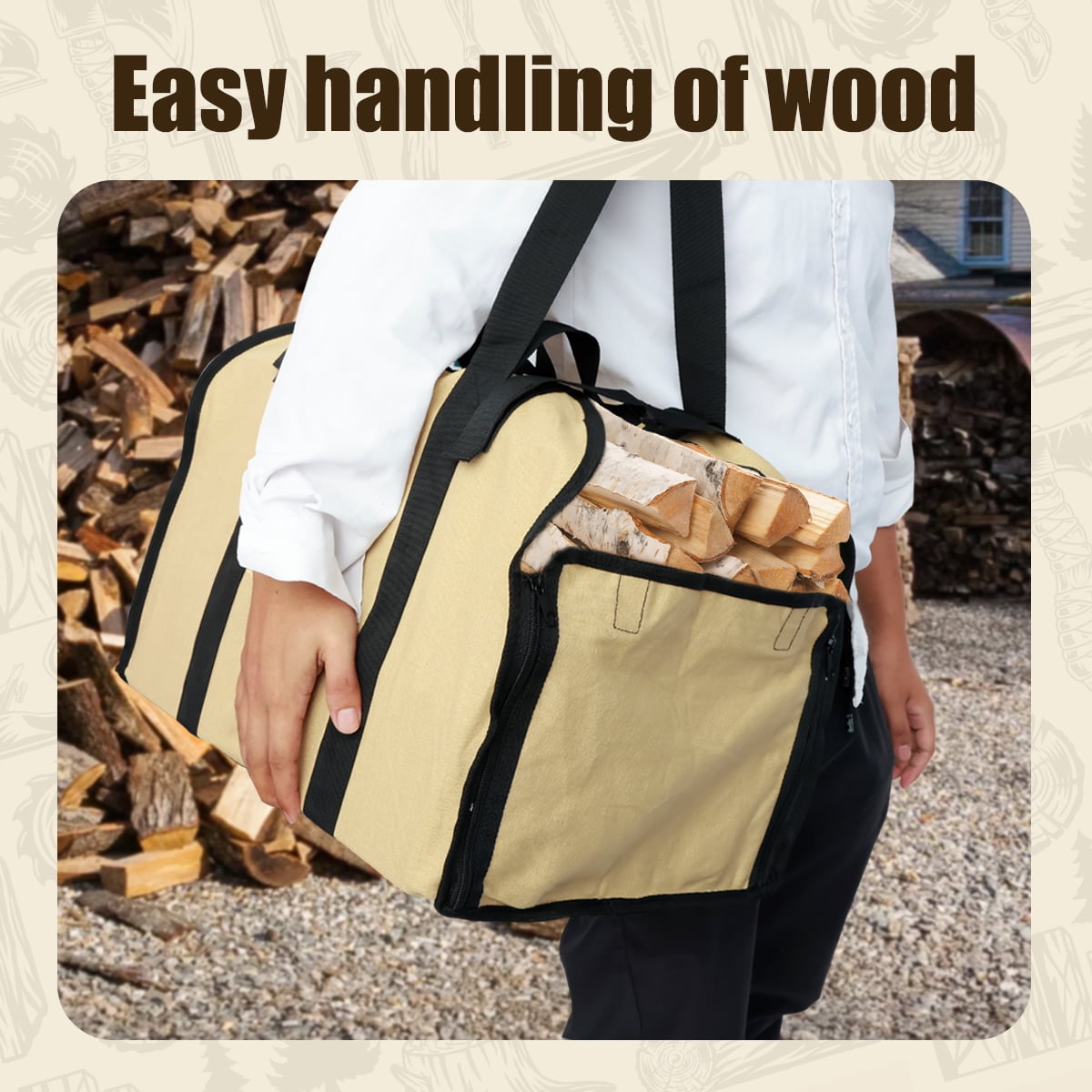 MLfire Canvas Firewood Log Carrier Bag, Canvas Firewood Tote Bag, Extra Large Firewood Holder, Wood Carrying Bag with Shoulder Strap and Top Handles for Camping