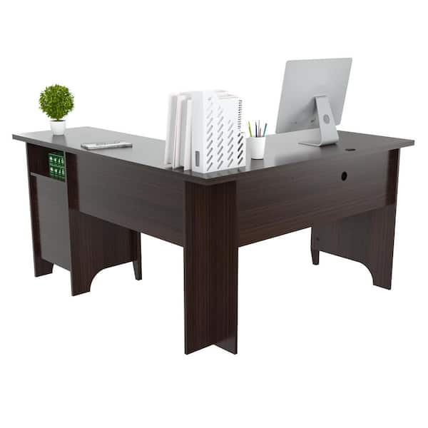 53.1 in. Espresso Wengue L-Shaped 2 -Drawer Computer Desk with Keyboard Tray