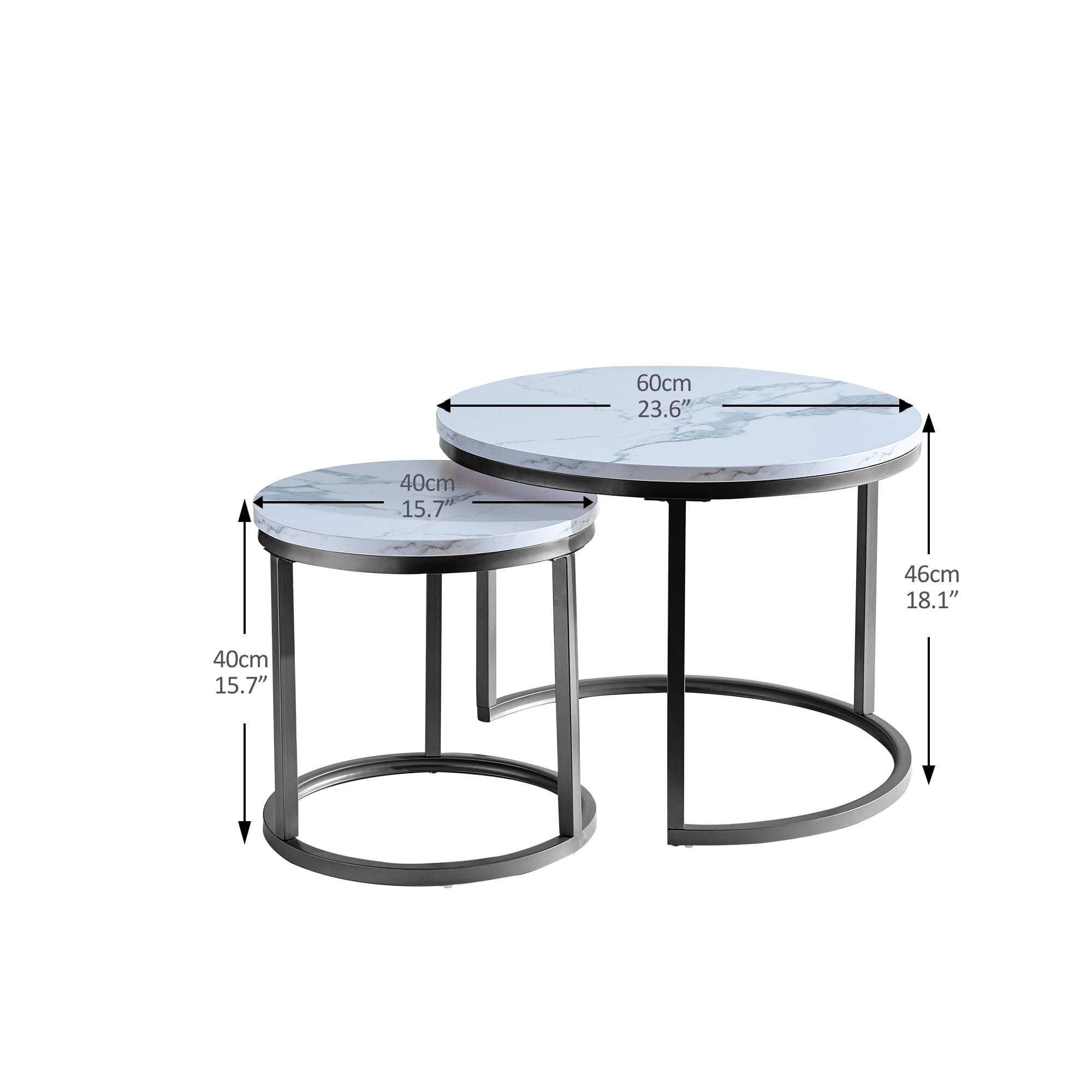 SYNGAR 2 Pieces Modern Nesting Coffee Table, Round Cocktail Table with Marble Grain and Metal Frame, Easy to Assemble, Living Room Center Table Sofa Side Table Can be Used Individually, Black