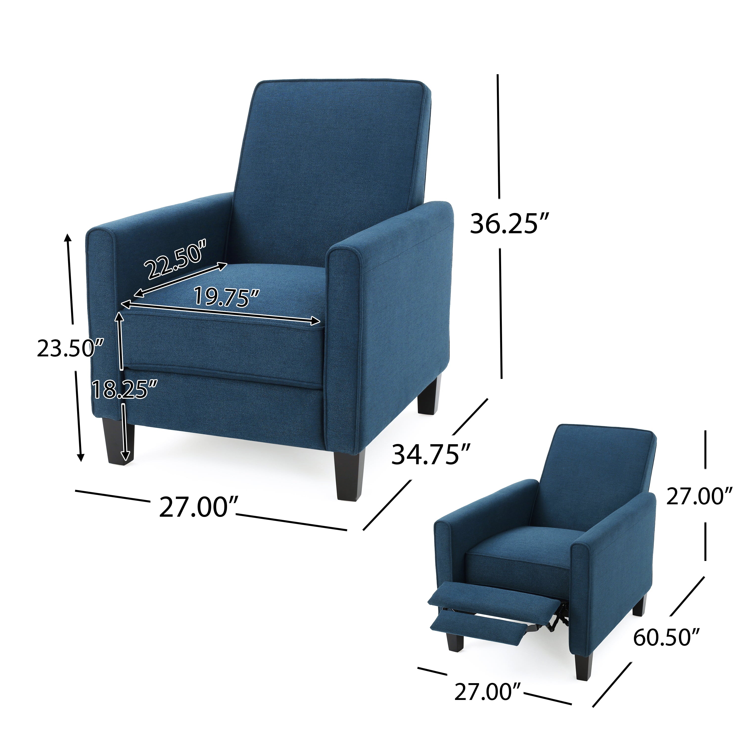 Noble House Jameson Fabric Recliner,Navy Blue and Dark Brown