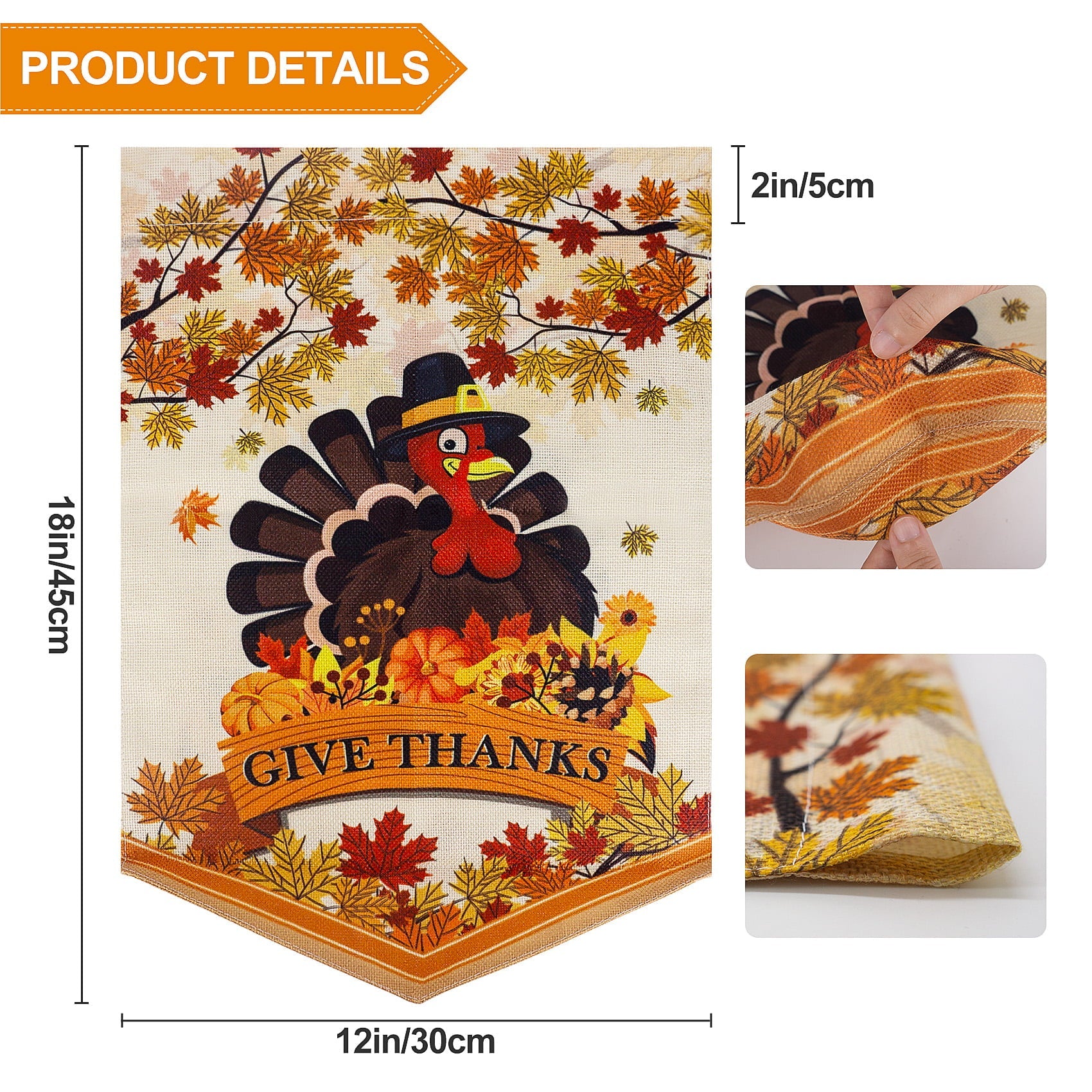 Huryfox Thanksgiving Garden Flag -Double-Sided Fall Signs，Turkey Applique Garden Decor