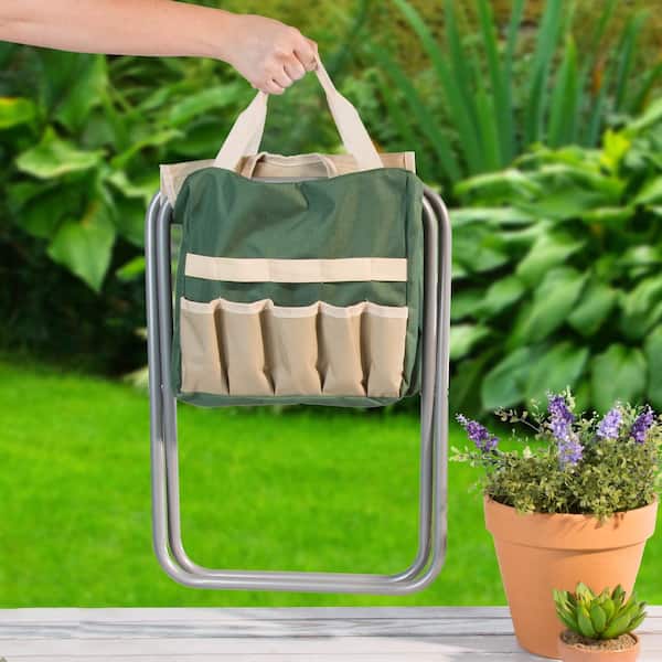 16 in. Folding Garden Stool with Garden Bag and Tools