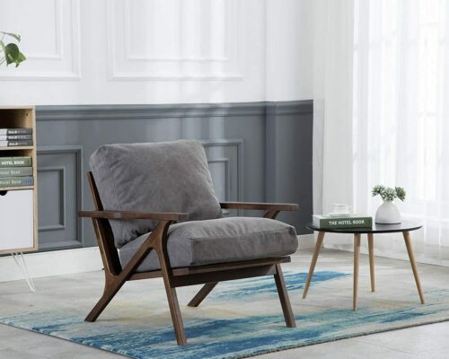 Mid Century Modern Accent Armchair Grey Fabric Upholstery Solid Wood Frame