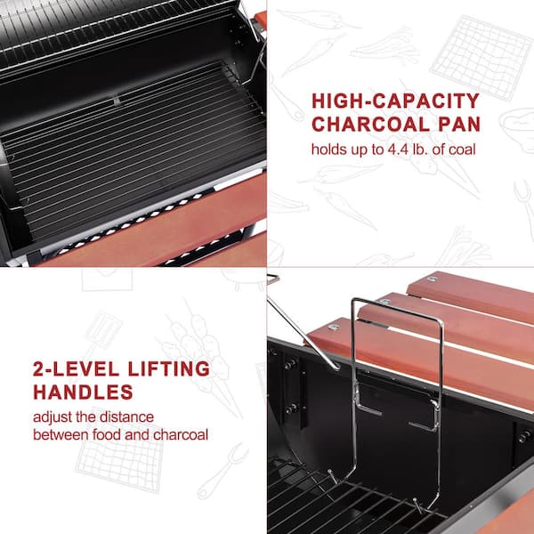 Barrel Charcoal Grill in Black with Offset Smoker, 811 sq. in. Cooking Space, Wood-Painted Side Table