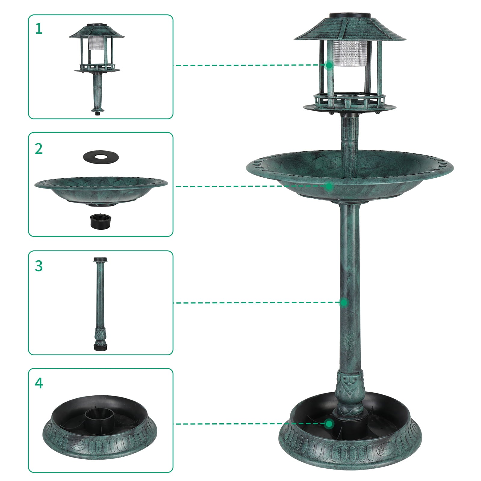 UBesGoo 42 Inch Bird Bath with Solar Light Dark Green