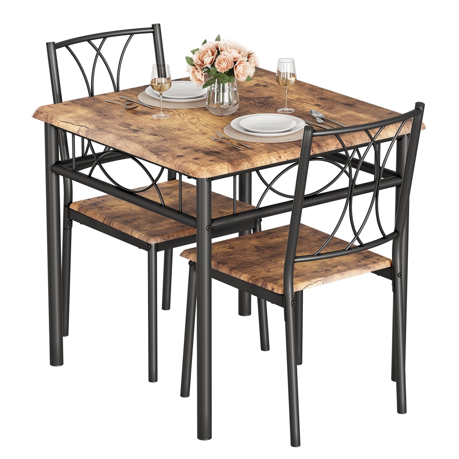 3 Piece Kitchen Table Set, Dining Table and Chairs for 2, Metal and Wood Square Dining Room Table Set with 2 Upholstered Chairs, Kitchen Table Set for Small Space, Apartment, Rustic Brown
