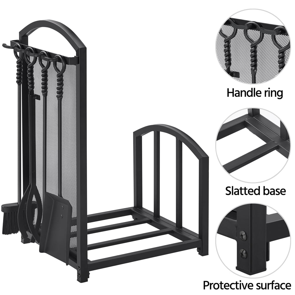 Topeakmart Firewood Rack Firewood Log Holder Rack Fireplace Tool Rack with 4 Tools, Black