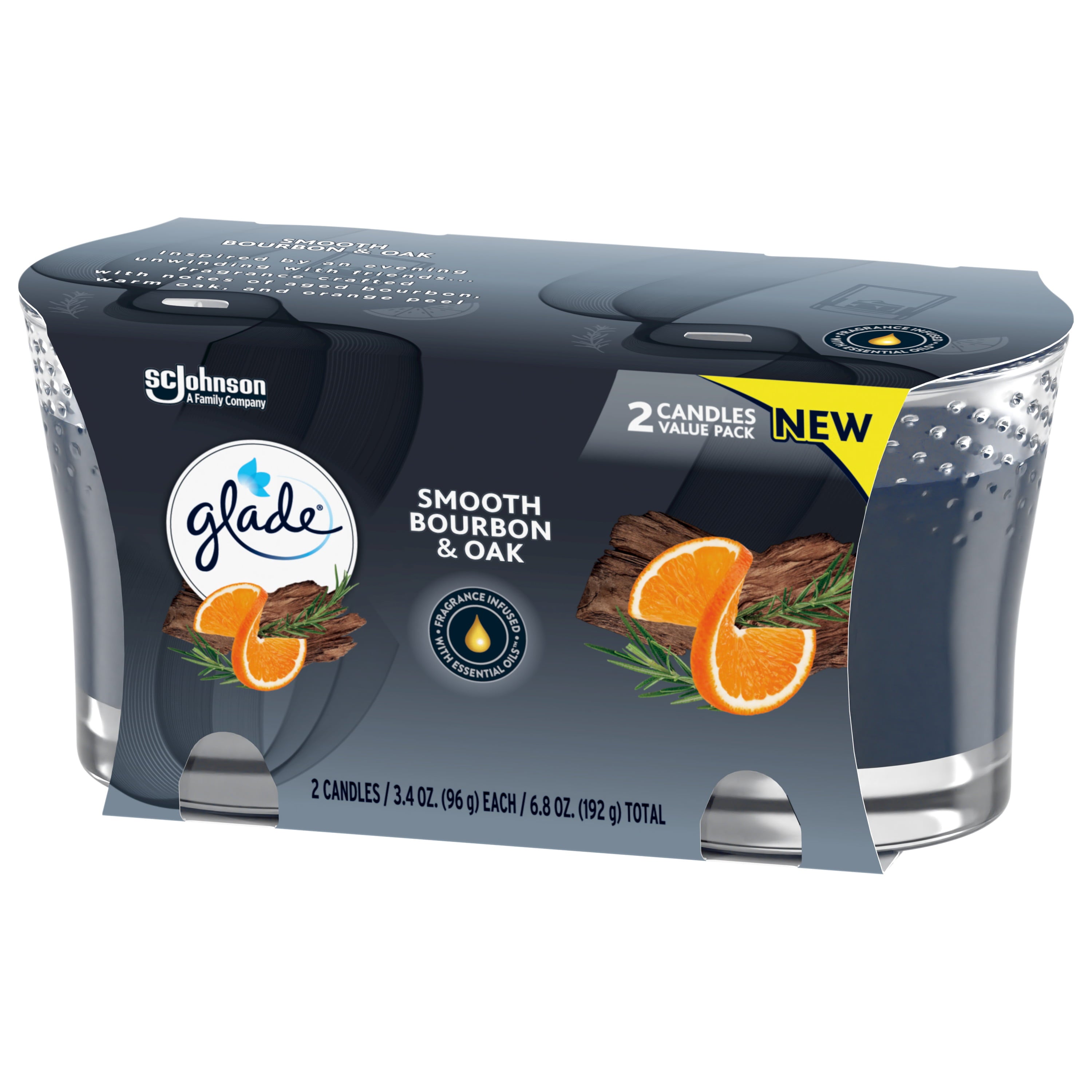 Glade Candle Smooth Bourbon & Oak Scent, 1-Wick, 3.4 oz (96.3 g) Each, 2 Counts, Fragrance Infused with Essential Oils, Lead-Free Wick Scented Candles