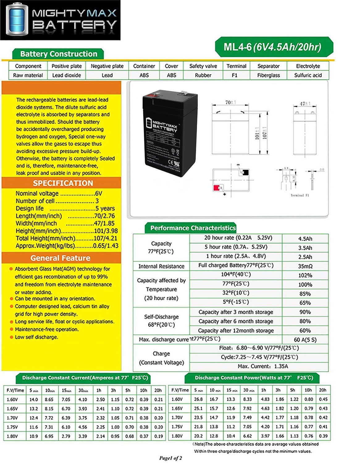 ML4-6 - 6V 4.5AH Vision CP645 Replacement Battery