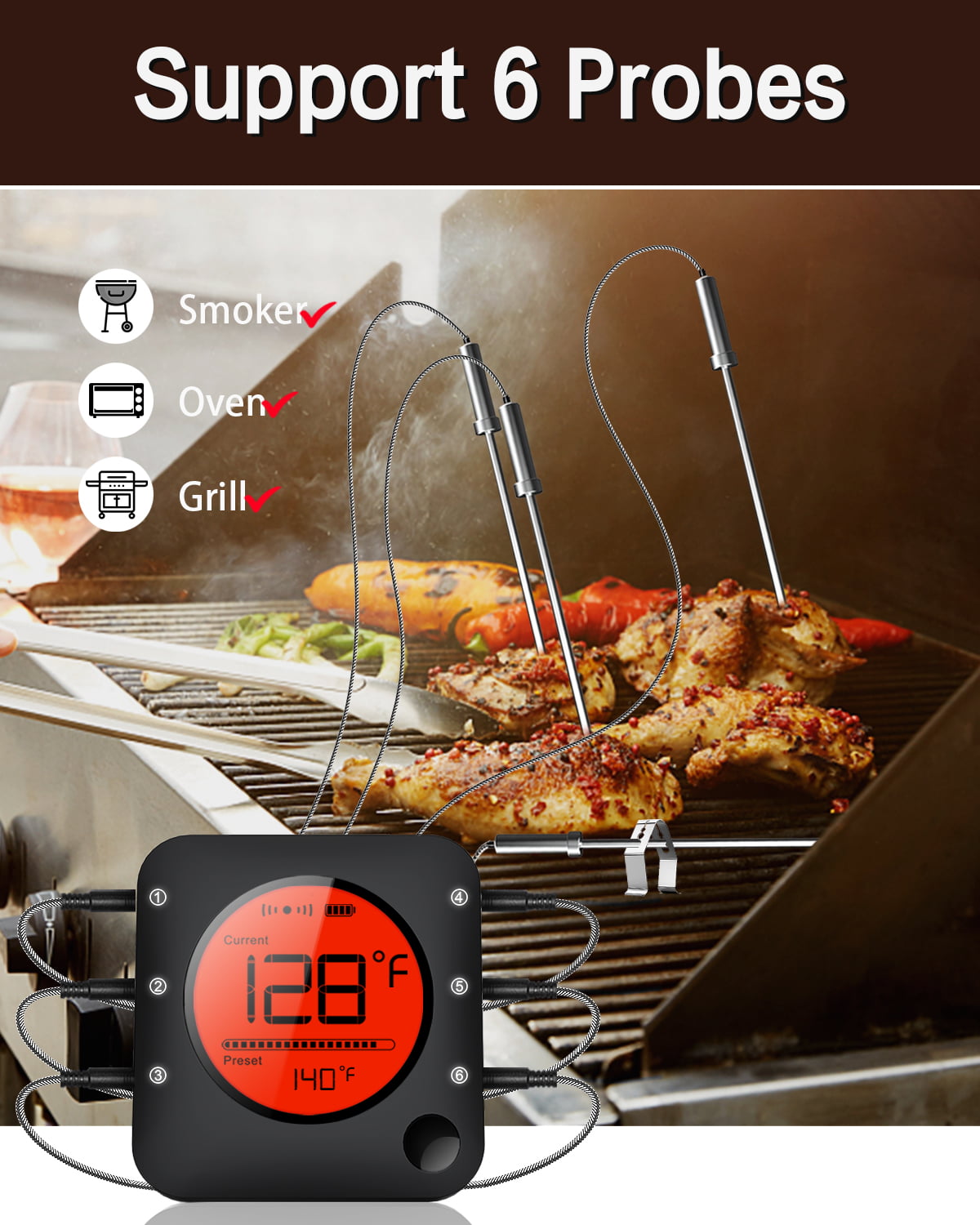 Bfour Smart Bluetooth Meat Thermometer with 6-Probes, Wireless Meat Probe Thermometer for Grilling Smoker, Cooking, Kitchen, Grill Oven, LCD Display