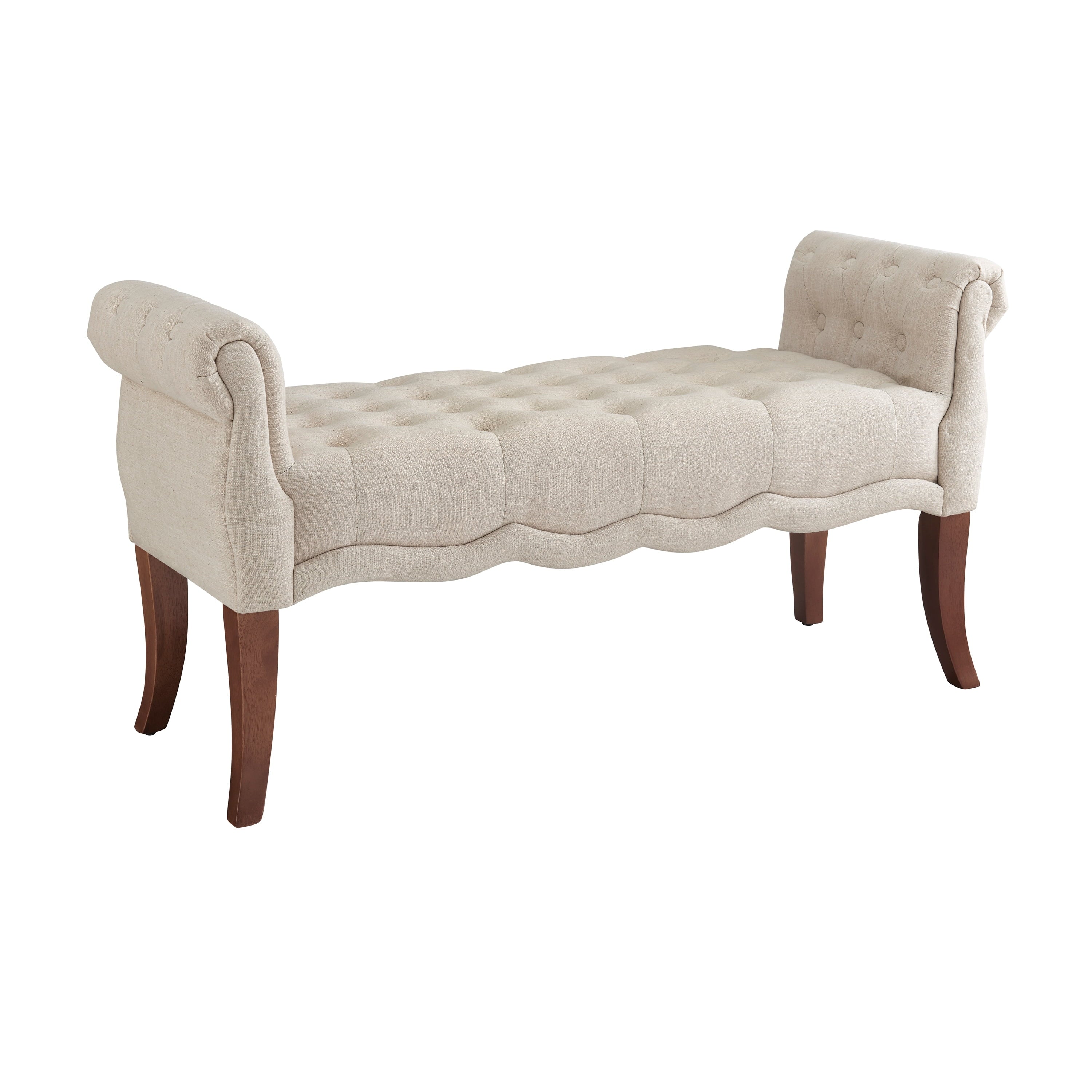 Linon Menlo Rolled Arm Button Tufted Bench, Dark Walnut Finish with Natural Fabric