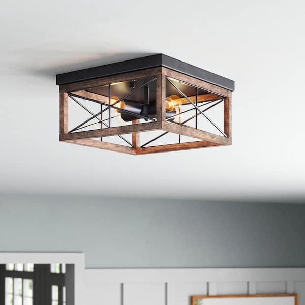 12.6 in. 4-Light Farmhouse Rustic Square Wooden Flush Mount Ceiling