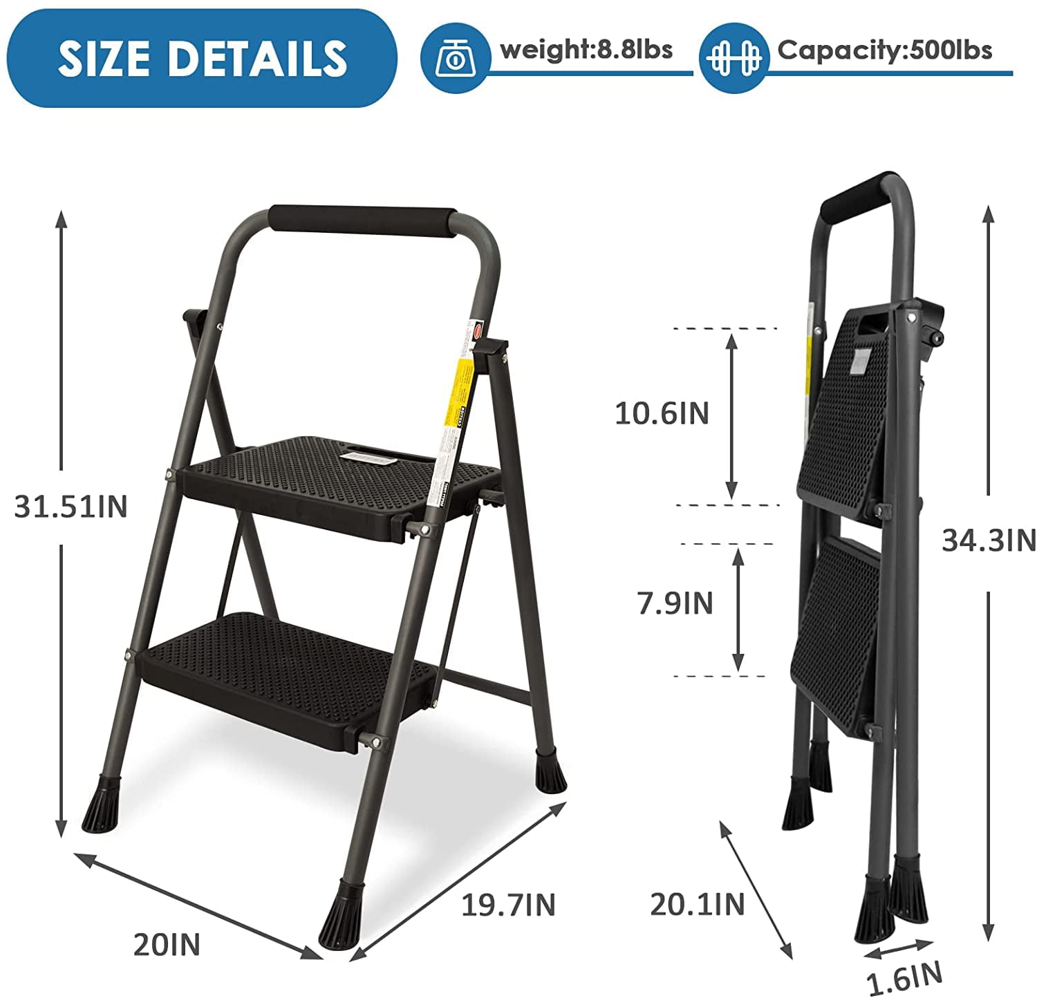 HBTower Folding 2-Step Stool Ladder, 500lbs, with Wide Anti-Slip Pedal and Steel Handgrip, Gray