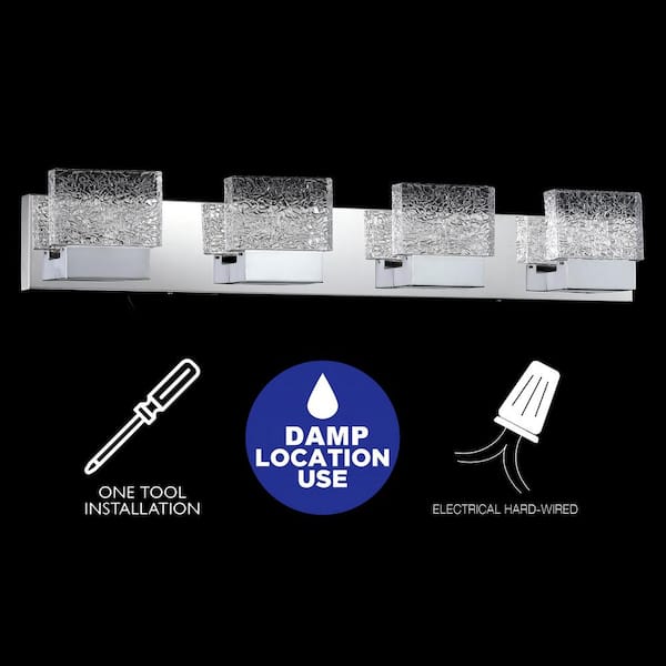 32.25 in. 4-Light Chrome Stainless Steel LED Bathroom Vanity Light with Clear Ice-Like Brick Glass