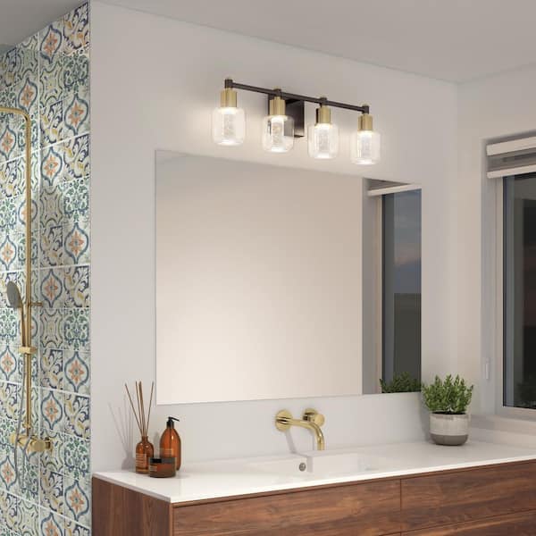 Champagne Globe 26 in. 4 Light Black & Gold Modern Integrated LED 5 CCT Vanity Light Bar for Bathroom with Bubble Glass