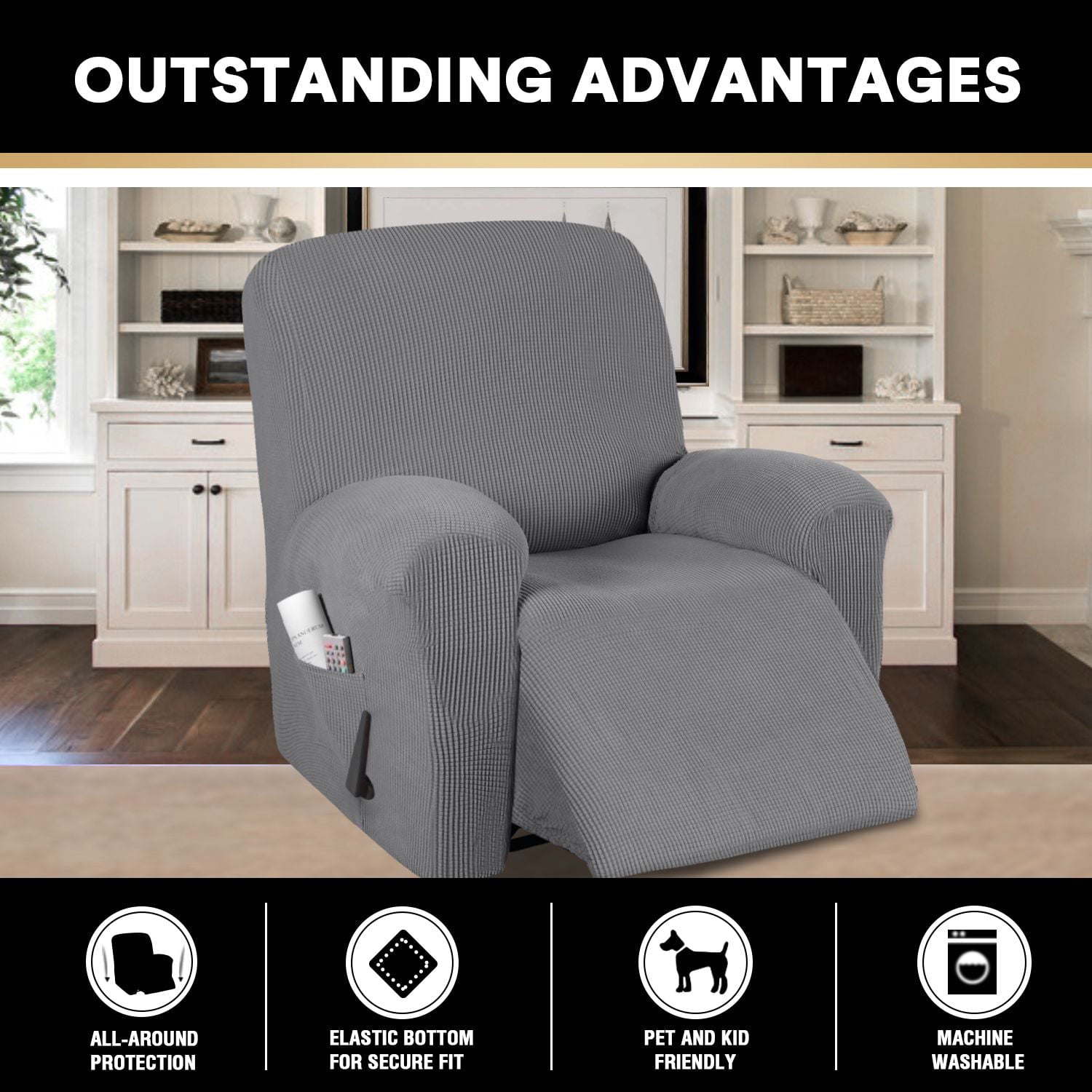 H.VERSAILTEX Stretch Fabric Checked Jacquard Recliner Slipcover, Charcoal Gray