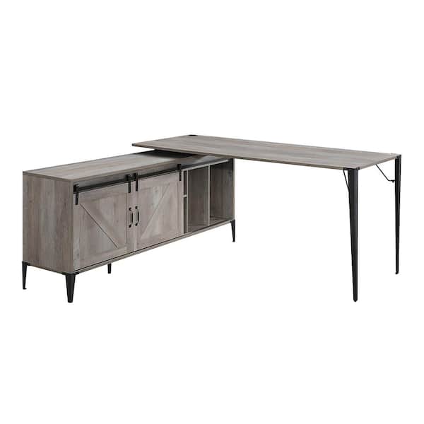 Zakwani 65 in. L-Shaped Gray Oak and Black Finish Wood Writing Desk with Shelves