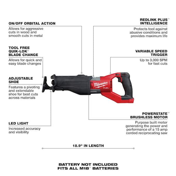 M18 FUEL 18V Lithium-Ion Brushless Cordless Super SAWZALL Orbital Recip Saw, 12.0 Ah. Battery & 8.0ah Starter Kit