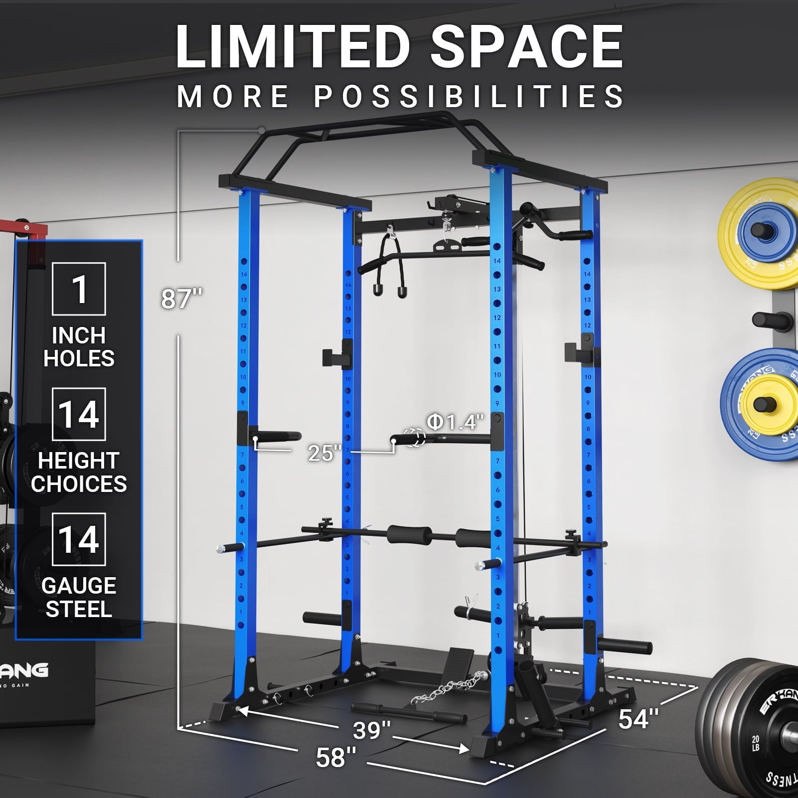 MJDB  Power Rack Cage, Squat Rack with LAT Pulldown System, 1200LB Capacity Weight Cage Home Gym with 360° Landmine, Dip Bars, Band Peg, Gym Equipment (Red)