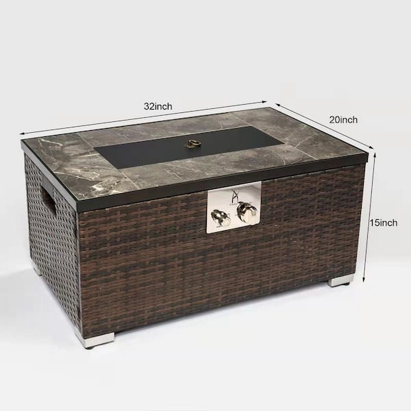 50,000 BTU Brown Rattan 32 in. Fire Table Gas Fire Pit Table with Tile Tabletop and Waterproof Rain Cover