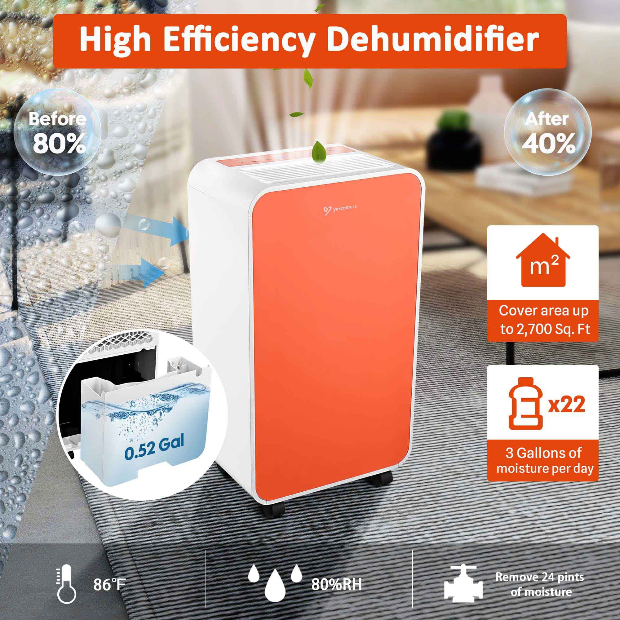Yescom 24 Pint Portable Dehumidifier 2700 Sq. ft for Basement and Home with Drain Hose, Auto Shut-off
