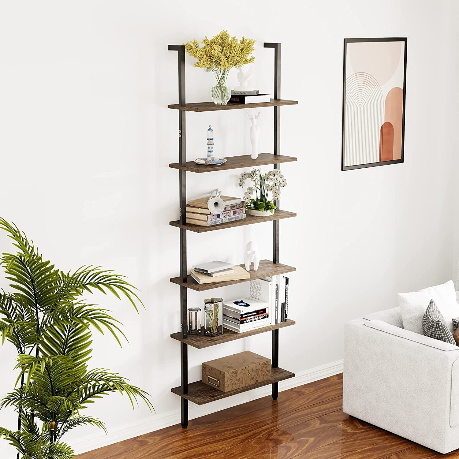 Ladder Shelf Black 6 Tiers Modern Bookshelf Room Organizer Open Tall Wall Mount Bookcase Standing Leaning Wall Shelves Industrial Decorative Living Room Bed Room