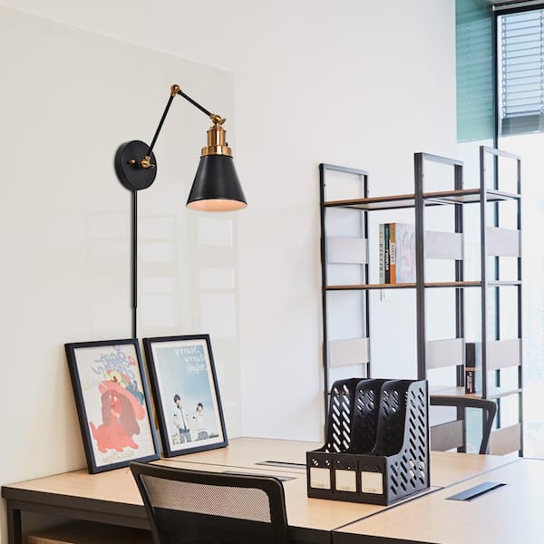 1-Light Black and Gold Plug-In or Hardwired Swing Arm Wall Lamp Wall Lamp with 6 ft. Fabric Cord