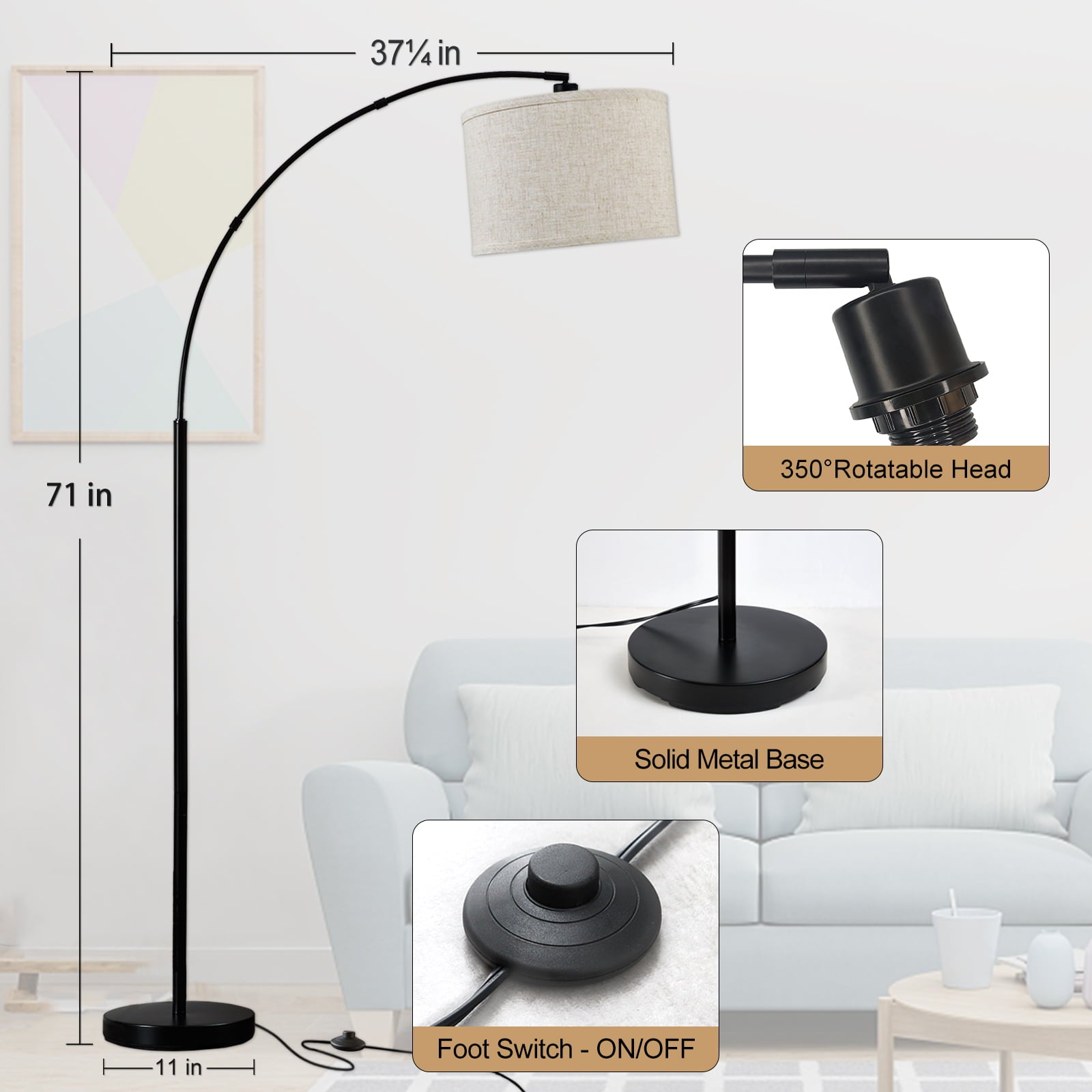Natyswan Arc Floor Lamps for Living Room Lighting, Modern Arched Lamp with Foot Switch, Adjustable Hanging Shade, Tall Pole Lamp for Bedroom, Office