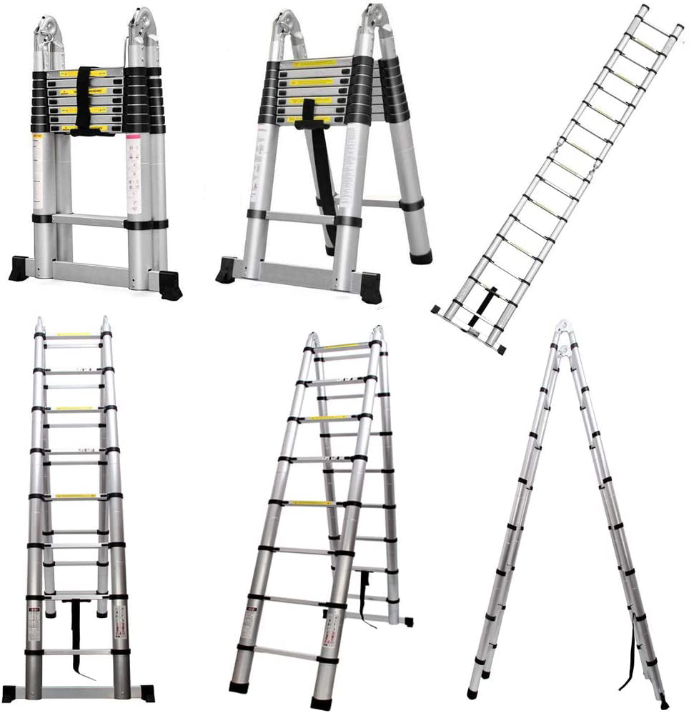 Bowoshen Telescopic Loft Ladder 16.5Ft Extendable Collapsible Step Ladders Securing Bolt 330lb Loading EN131 Certified