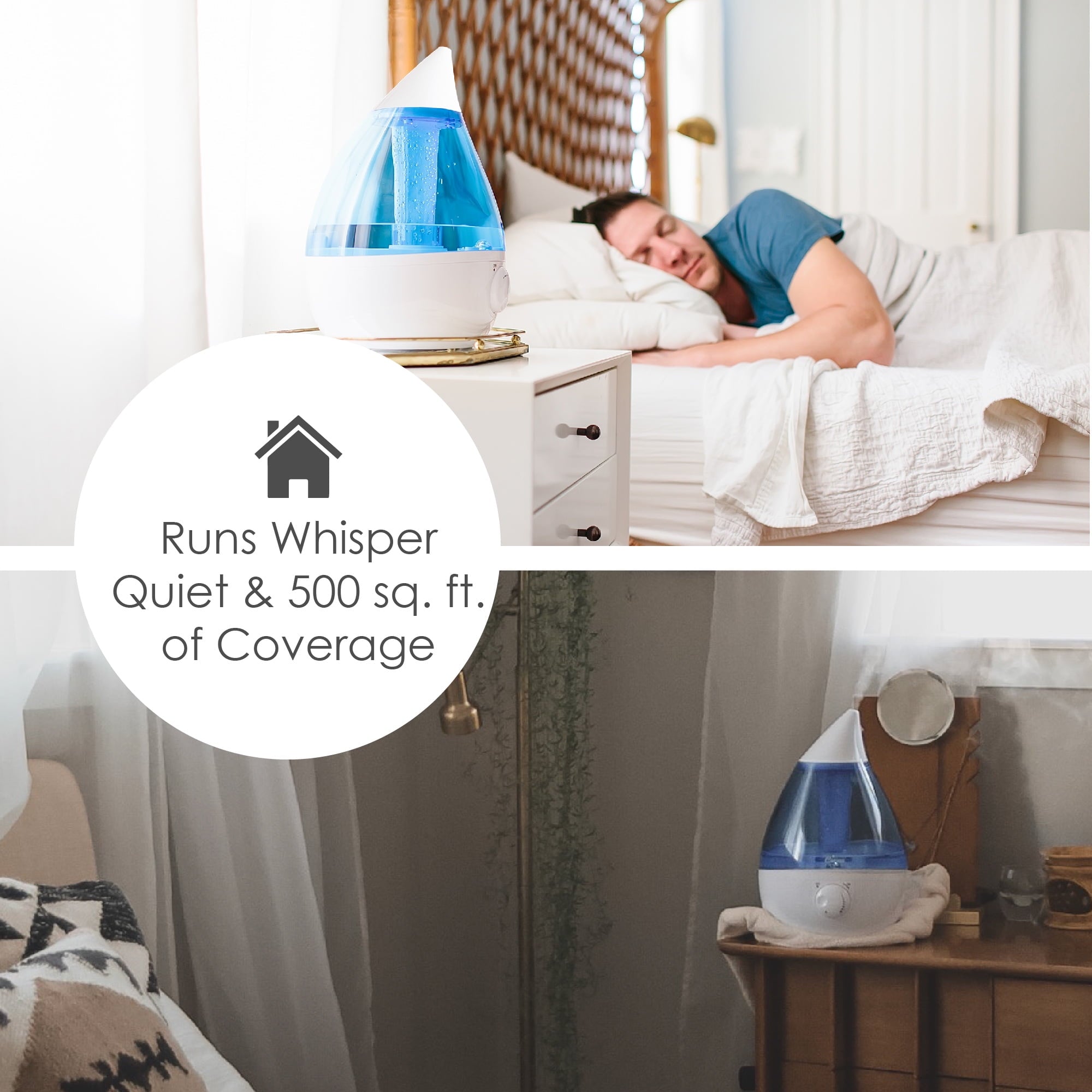 Crane Drop Ultrasonic Cool Mist Humidifier, 1.0 Gallon, 24 Hour Run Time, Whisper Quiet, 500 Sq. Ft. Coverage, Blue/White