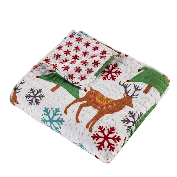 Tinsel Green Cream Red Reindeer Christmas Tree Quilted Microfiber Throw Blanket