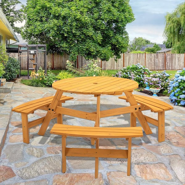 66.92 in. W 6-Person Natural Circular Solid Wood Outdoor Wooden Picnic Table w/3 Built-In Benches for Backyard, Garden