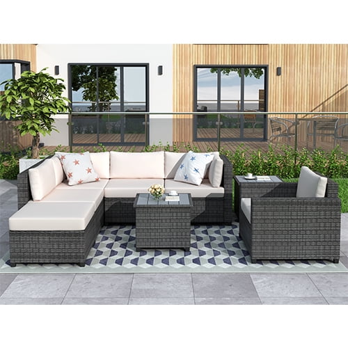 7 Piece Rattan Sectional Sofa Set, Outdoor Conversation Set, All-Weather Wicker Sectional Seating Group with Cushions & Coffee Table, Morden Furniture Couch Set for Patio Deck Garden Pool, K2774