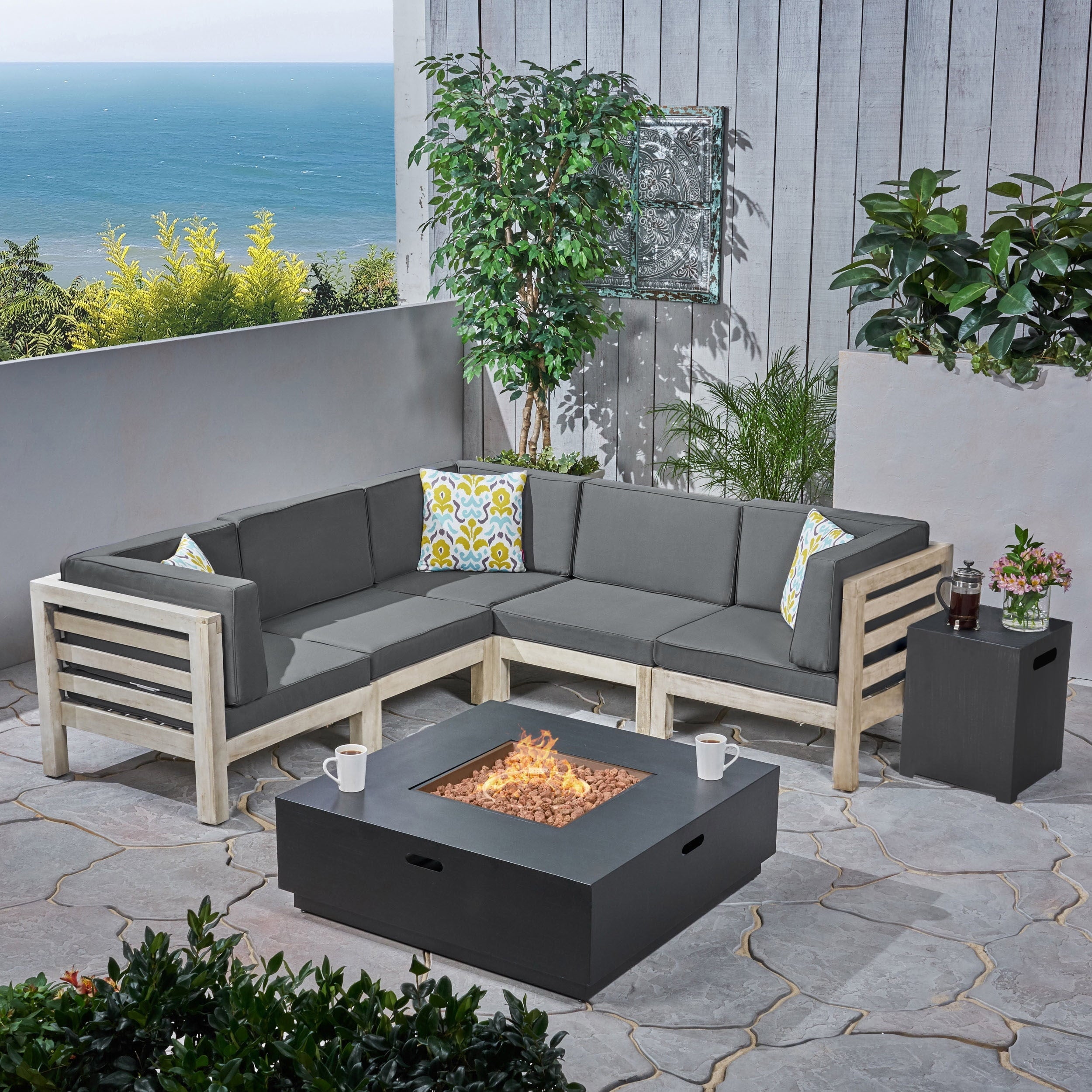 Malawi Outdoor 7 piece V-Shaped Sectional Sofa Set with Fire Pit