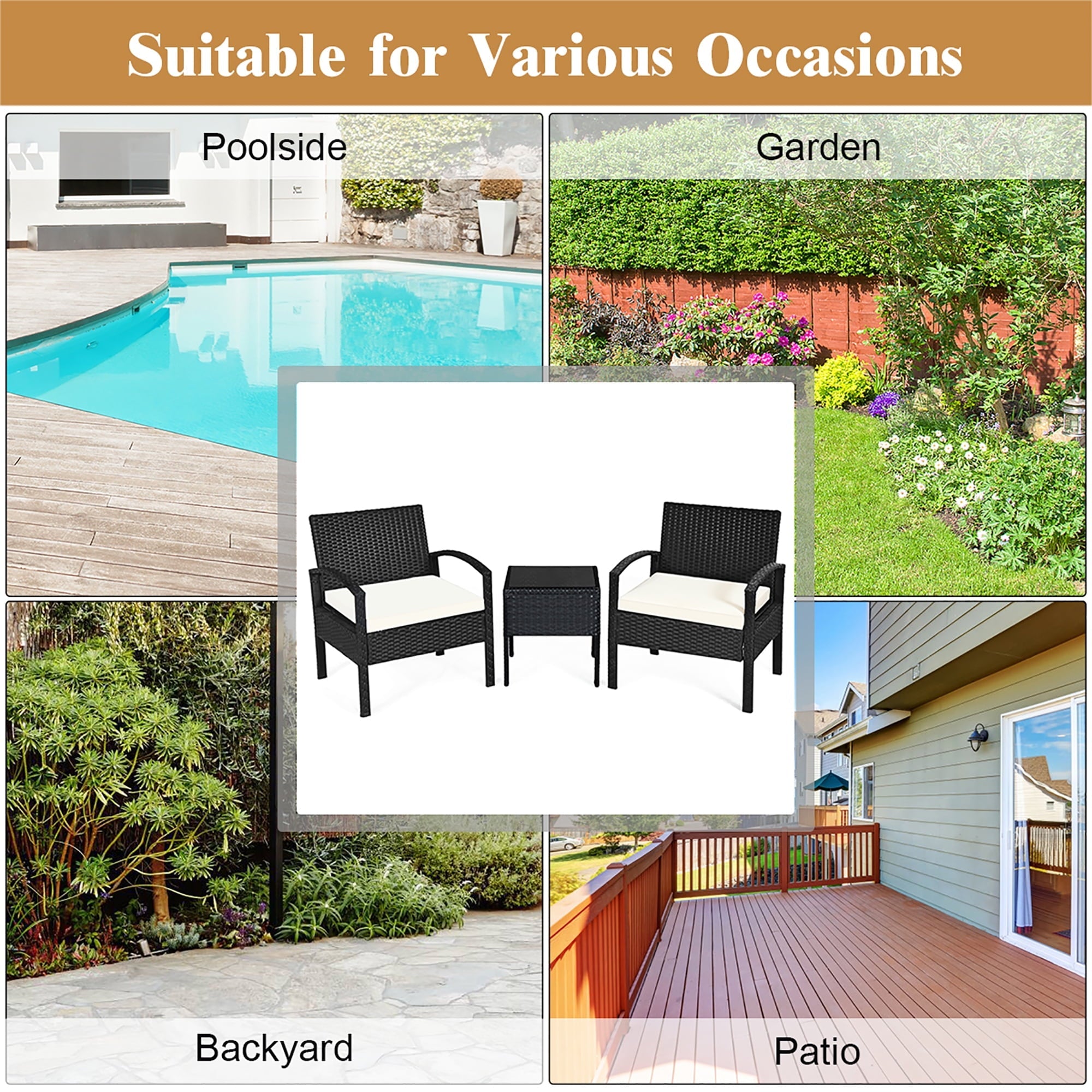 Costway 3PCS Patio Rattan Furniture Set Coffee Table & Chairs Set with Seat Cushions Garden